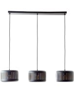 Brilliant Tyas 99800/86 hanglamp met zwarte plafondbalk en drie zwarte ronde kappen van metaal met gleuven en een goudkleurige binnenzijde