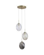 Searchlight Whirl 24141-3SB hanglamp met ronde mat messing plafondplaat en drie pendels met ovaal gedraaid glazen kappen in helder, amber en rookglas