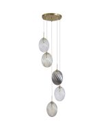 Searchlight Whirl 24141-3SB hanglamp met mat messing plafondbalk en drie pendels met ovaal gedraaid glazen kappen in helder, amber en rookglas