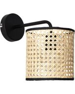 Brilliant Wiley 99088/09 zwarte wandlamp met hangende kap van rotan met een met zwart textiel afgewerkte rand
