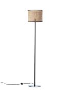 Brilliant Wiley 99091/09 zwarte vloerlamp met ronde kap van rotan waarvan de randen zijn afgewerkt met zwart textiel