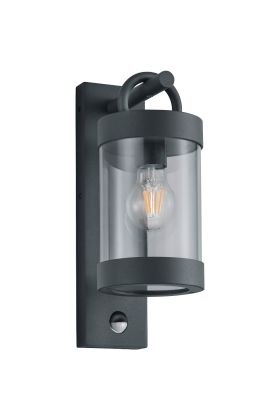 Trio Sambesi 204169142 antraciet grijze wandlamp voor buiten met een rechthoekige wandplaat en hangende cilindervormige kap met bewegingsmelder