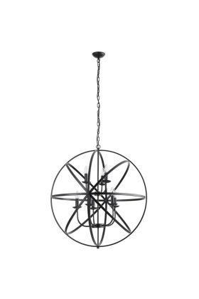 Searchlight Orbit 2478-8BK zwarte kroonluchter met vier een bolvormende om elkaar gedraaide ringen en acht kaarslampen in het midden