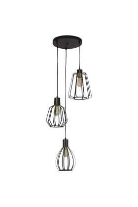 Searchlight Senator 24903-3BK zwarte hanglamp met antiek bronzen fittingen en verschillend gevormde kappen van metaaldraad