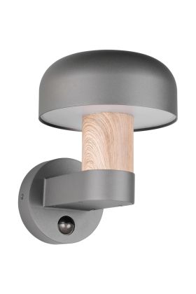 Trio Fraser 262569135 antraciet grijze wandlamp voor buiten met opstaande kap en hout imitatie met bewegingsmelder