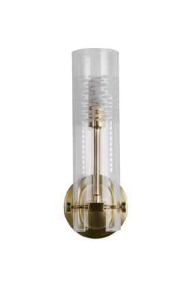 Searchlight Scope 27981SB mat messing badkamer wandlamp met staande geëtst glazen cilindervormige kap