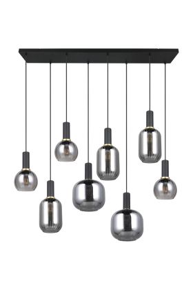 Trio Diva 319800832 hanglamp met brede zwarte plafondbalk en acht mat zwarte fittinghouders met verchroomd glazen kapjes