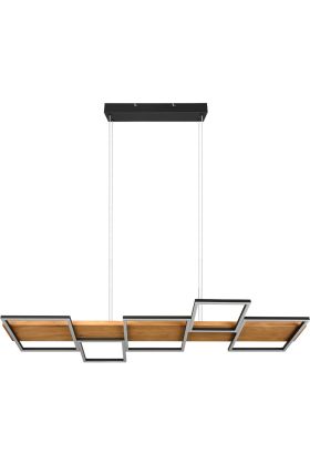 Trio Harper 322910532 hanglamp met zwarte plafondbalk en houten plank met zwarte vierkanten ramen eronder met geïntegreerde LED strips