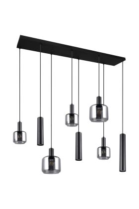 Trio Mataro 364100832 hanglamp met brede zwarte plafondbalk en vijf pendels met verchroomd glazen kappen en drie pendels met zwarte cilindervormige kappen voor GU10 lampen