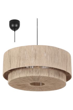 Trio Smilla 366890136 hanglamp van 60cm in diameter met zwarte plafondkap en dubbele kap van jute