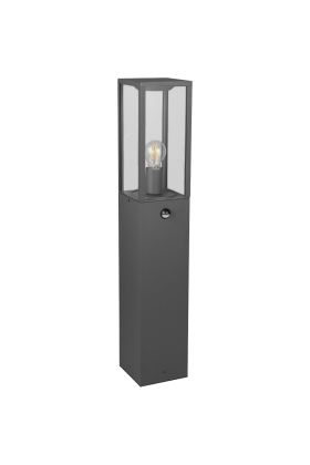 Trio Garonne 401869142 vierkante antracietgrijze paallamp met vier rechthoekige ruitjes met een zichtbare edison lamp en een bewegingsmelder