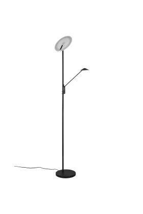 Trio Brantford 425610232 mat zwarte vloerlamp met leeslamp en kantelbare uplighter, met twee dimmers aan de paal