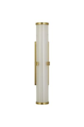 Searchlight Clamp 63125-1GO goudkleurige spiegellamp van 33cm met wit binnenglas en geribbeld buitenglazen buisvormige lamp in een zwarte wandhouder geklemd.