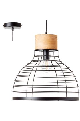 Brilliant Avia 99560/76 industriele hanglamp met zwarte pendel en kap van zwart metaaldraad en houten klos boven de kap