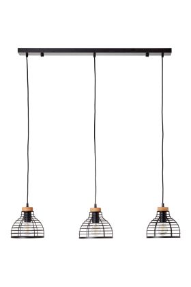 Brilliant Avia 99561/76 industriele hanglamp met zwarte plafondbalk en drie kapjes van zwart metaaldraad en houten klosje boven de kap