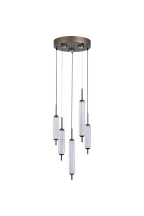 Searchlight Cattail hanglamp met koffiebruine ronde plafondplaat met drie GU10 spotjes en vijf pendels met ovaal glazen kelken en geintegreerde LED