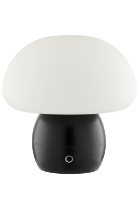 Brilliant Dupos zwarte kunststof oplaadbare tafellamp met wit glazen ovale kap met een hoogte van 22,2 cm en een diameter van 22 cm