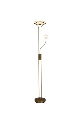 Searchlight OhOh EU55601SB brandende messing kleurige uplighter met dubbele stang en cirkelvormige upligher en leeslamp met LED rand