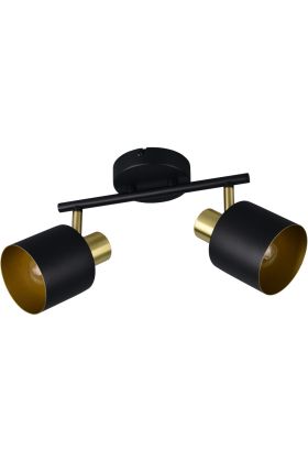 Trio Eva 868800280 spot met ronde zwarte plafondplaat en twee spotjes met goudkleurige fitting en zwart kapje met goudkleurige binnenzijde aan een zwarte stang