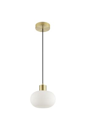 Brilliant Fanny mat messing hanglamp met wit ovaal glazen kap met een diameter van 22cm