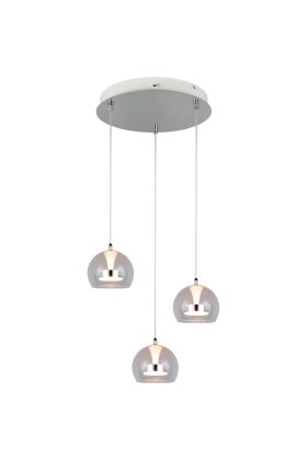 Trio Flynt 331630306 hanglamp met ronde chromen plafondplaat en drie glazen bolvormige kappen met een chromen band in het glas