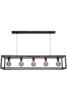 Freelight Esteso zwarte hanglamp van een 120cm lang metalen frame met vijf E27 fittingen en een creme plafondbalk