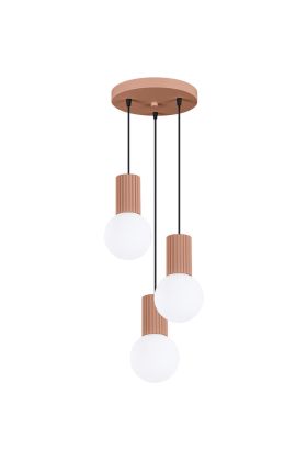 Sollux Halo SL.1735 mokka bruine hanglamp met plafondplaat van 25cm en drie geribbelde fittinghouders en wit bolvormig glazen kap van 12cm