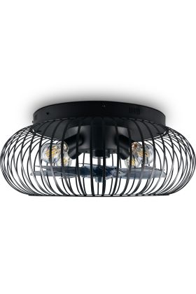 Reality Johanna zwarte plafondventilator van kap van 60cm in diameter van zwart metaaldraad met vier E27 peertjes en kunststof rotorbladen van transparant zwart kunststof