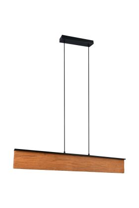 Trio Kalea 355510130 zwarte hanglamp met twee lichtbalken langs een ruw houten plank
