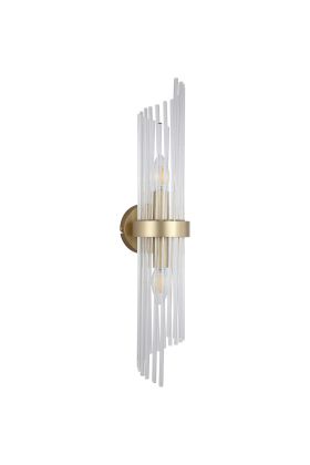 Searchlight Lara 11500-2GO wandlamp met goudkleurig wandplaatje en een ring van helder glazen staafjes met een goudkleurige band eromheen