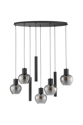 Brilliant Ligari zwarte hanglamp van 126 cm lang met ovale plafondplaat, vijf bolvormige rookglazen kapen en drie cilindervormige buizen met GU10 spot