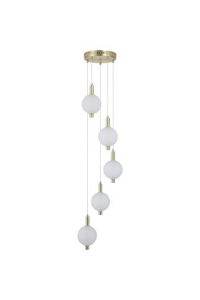 Searchlight Luminique mat messing hanglamp van 41cm in diameter met vijf pendels met een kap van bolvormig mat geribbeld glas