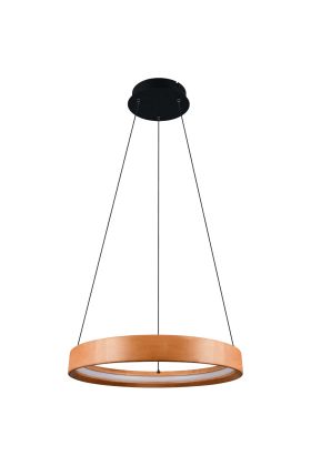 Trio Lynwood 355030130 hanglamp met ronde zwarte plafondplaat en ringvormige houten hanglamp van 50cm met LED rand naar binnen gericht aan drie staalkabels
