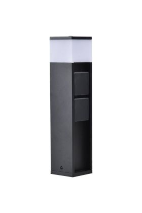 Lutec Mains zwart tuinstopcontact paaltje van 37 cm hoog met twee contactdozen en een LED lichtpunt bovenop