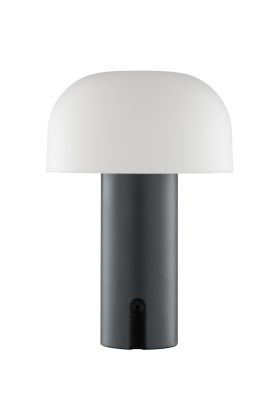 Brilliant Dori zwarte oplaadbare tafellamp van 12,8 cm hoog en 10,5 cm in diameter met bolvormige wit glazen kap