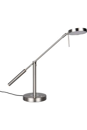 Trio Monza staalkleurige bureaulamp met een diepte van 69 cm en een ronde schijfvormige kop met geïntegreerde LED