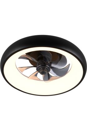 Reality Muonio zwarte plafondventilator met LED in een rand van 40 cm rond een zwart transparant kunststof zeven armige ventilator