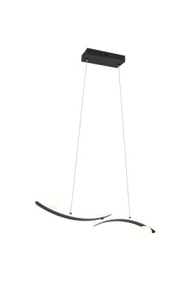 Trio Napoli zwarte hanglamp met LED langs twee gebogen balken en een lichtgevende bol op de balkjes aan de ene kant en onder de balk aan de andere kant