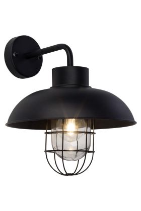 Brilliant Portland 96297/06 zwarte wandlamp voor buiten met hangende kap met glazen kap om de lichtbron met een rooster van metaaldraad