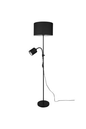 Trio Owen zwarte vloerlamp van 160 cm hoog met zwarte kap van textiel en zwart kapje voor de leeslamp ook van textiel met dubbele snoerschakelaar