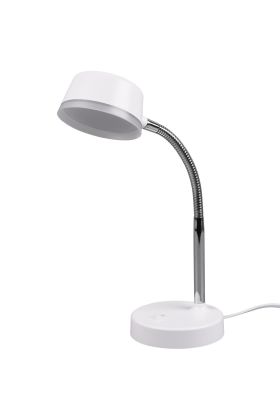 Trio Kiko R52501101 witte bureaulamp met ronde kop met LED achter een mat kunststof plaatje, met staalkleurige flexibele hals