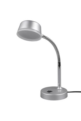 Trio Kiko R52501187 grijze bureaulamp met ronde kop met LED achter een mat kunststof plaatje, met staalkleurige flexibele hals