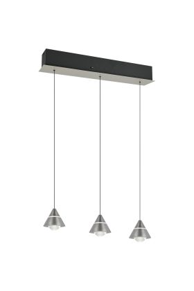 Trio Romeo 337010307 staalkleurige hanglamp met drie kegelvormige kappen met LED rand in de kegel en liftfunctie in de plafondbalk. Met schakelaar voor het instellen van de lichtkleur.