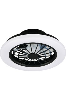 Reality Rotsund zwarte plafondventilator met LED in een rand van 38,5 cm rond een transparant kunststof zeven armige ventilator met zwart rooster ervoor
