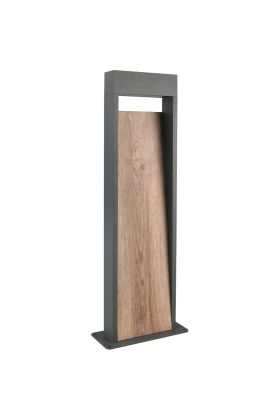 Trio Salmon 546960135 antraciet grijze sokkellamp met hout imitatie tegen de paal met LED unit daarboven