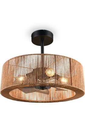 Reality Johanna zwarte plafondventilator van kap van 60cm in diameter van zwart metaaldraad met vier E27 peertjes en kunststof rotorbladen van transparant zwart kunststof