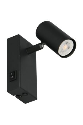 Reality Taryn compacte zwarte wandspot met schakelaar van 12cm hoog met een 35mm GU10 lampje