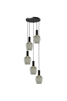 Freelight Toscana brons-goud kleurige hanglamp van 35cm in diameter met drie pendels met elk een cilindervormige fitting houder en bolvormig amber glazen kap van 18cm in diameter