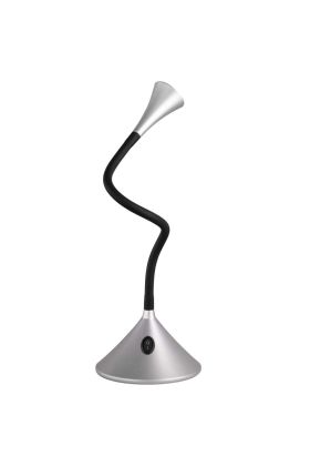 Trio Viper R52391187 zilvergrijze bureaulamp met zwarte flexible hals, klein spotje en zwarte schakelaar op de voet