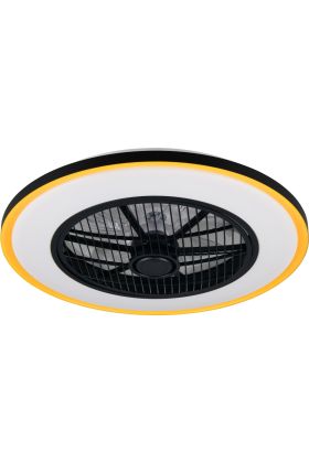 Reality Rotsund zwarte plafondventilator met LED in een rand van 38,5 cm rond een transparant kunststof zeven armige ventilator met zwart rooster ervoor